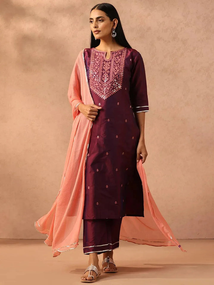 Purple Embroidered Silk Blend Suit Set With Trousers - Libas