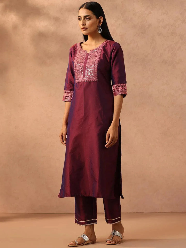 Purple Embroidered Silk Blend Suit Set With Trousers - Libas