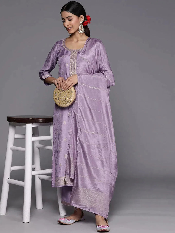 Purple Embroidered Silk Blend Suit Set With Trousers - Libas