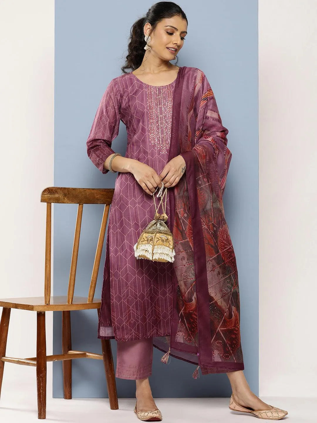 Purple Embroidered Silk Blend Straight Suit Set With Trousers - Libas 