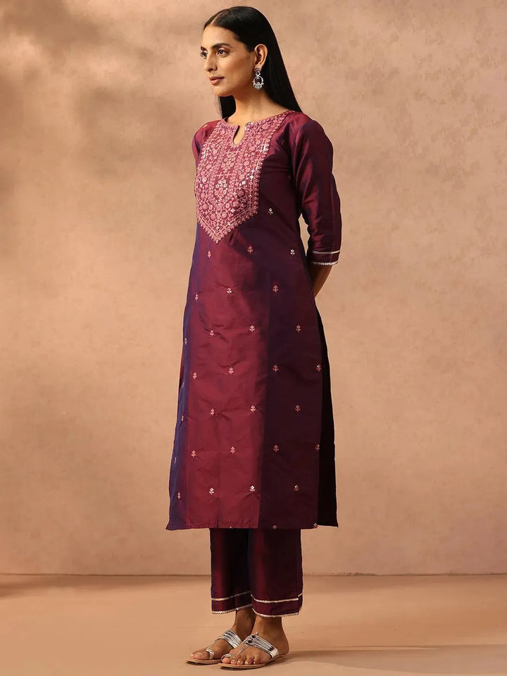 Purple Embroidered Silk Blend Suit Set With Trousers - Libas