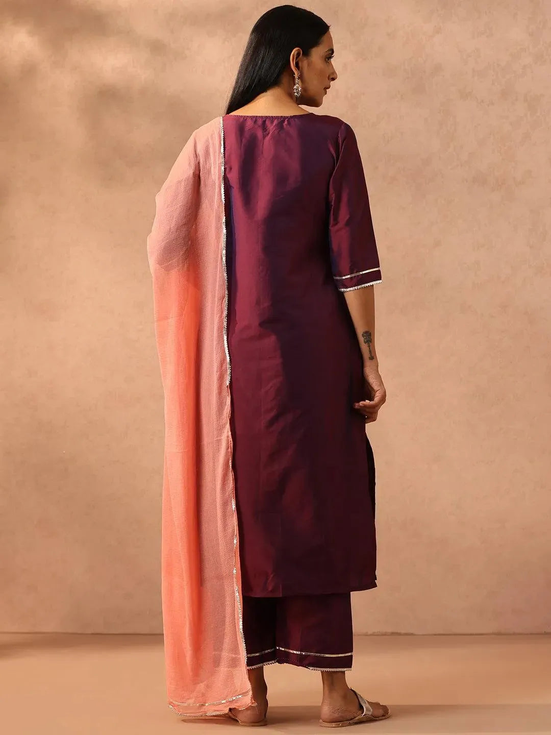 Purple Embroidered Silk Blend Suit Set With Trousers - Libas 