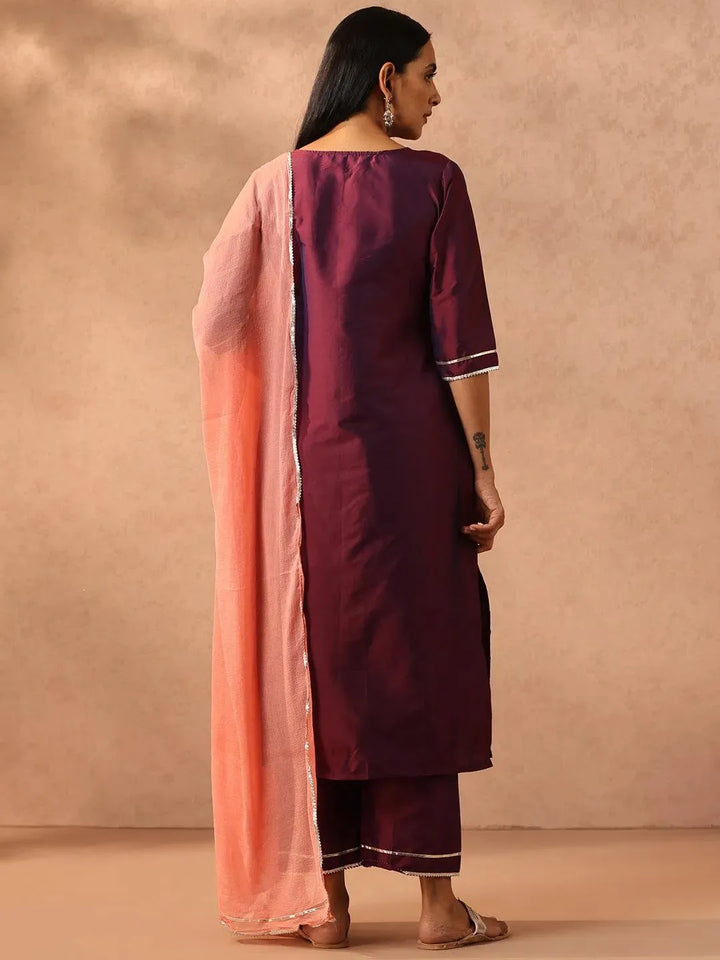 Purple Embroidered Silk Blend Suit Set With Trousers - Libas