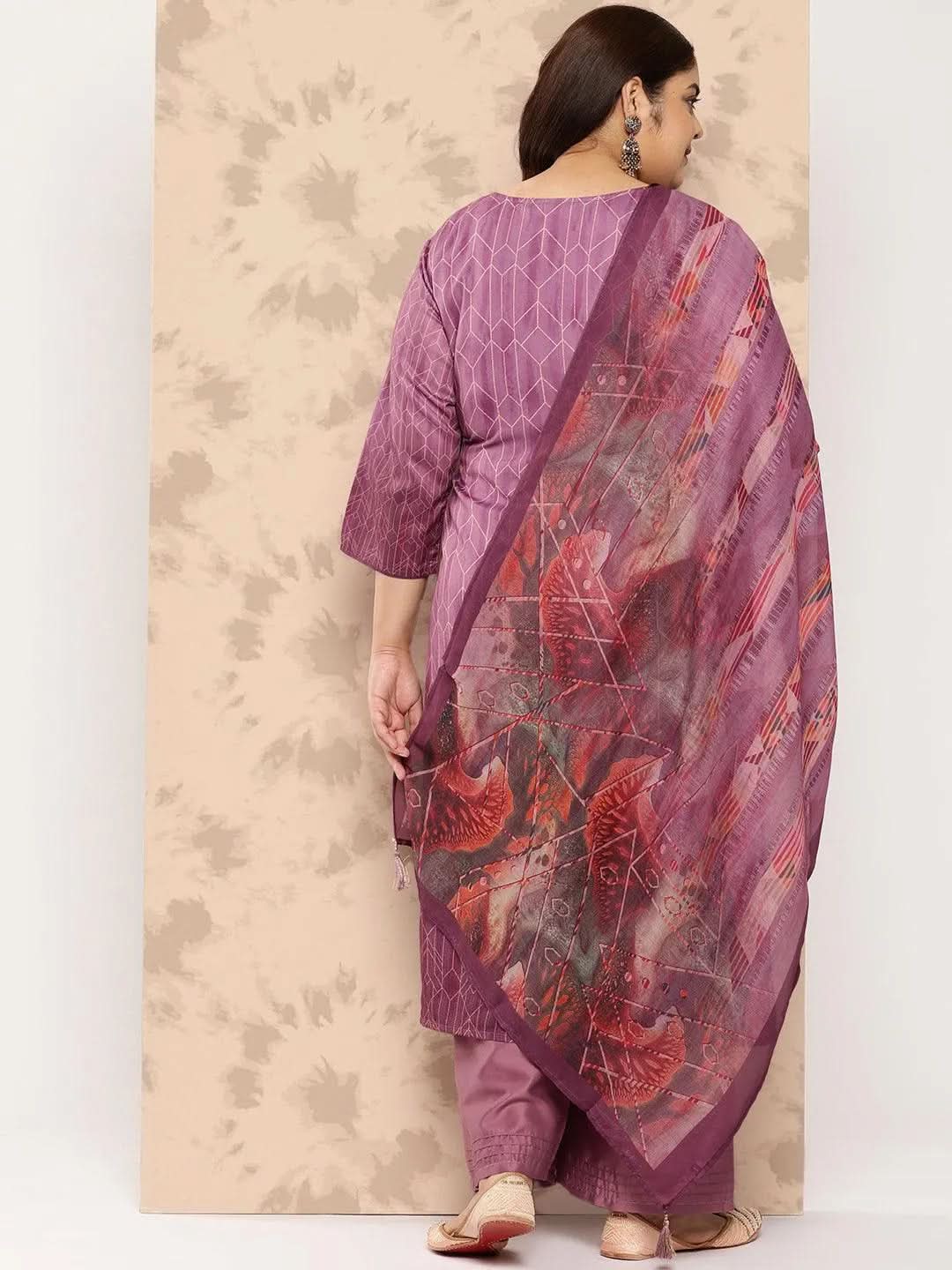 Purple Embroidered Silk Blend Straight Kurta With Trousers and Dupatta - Libas 
