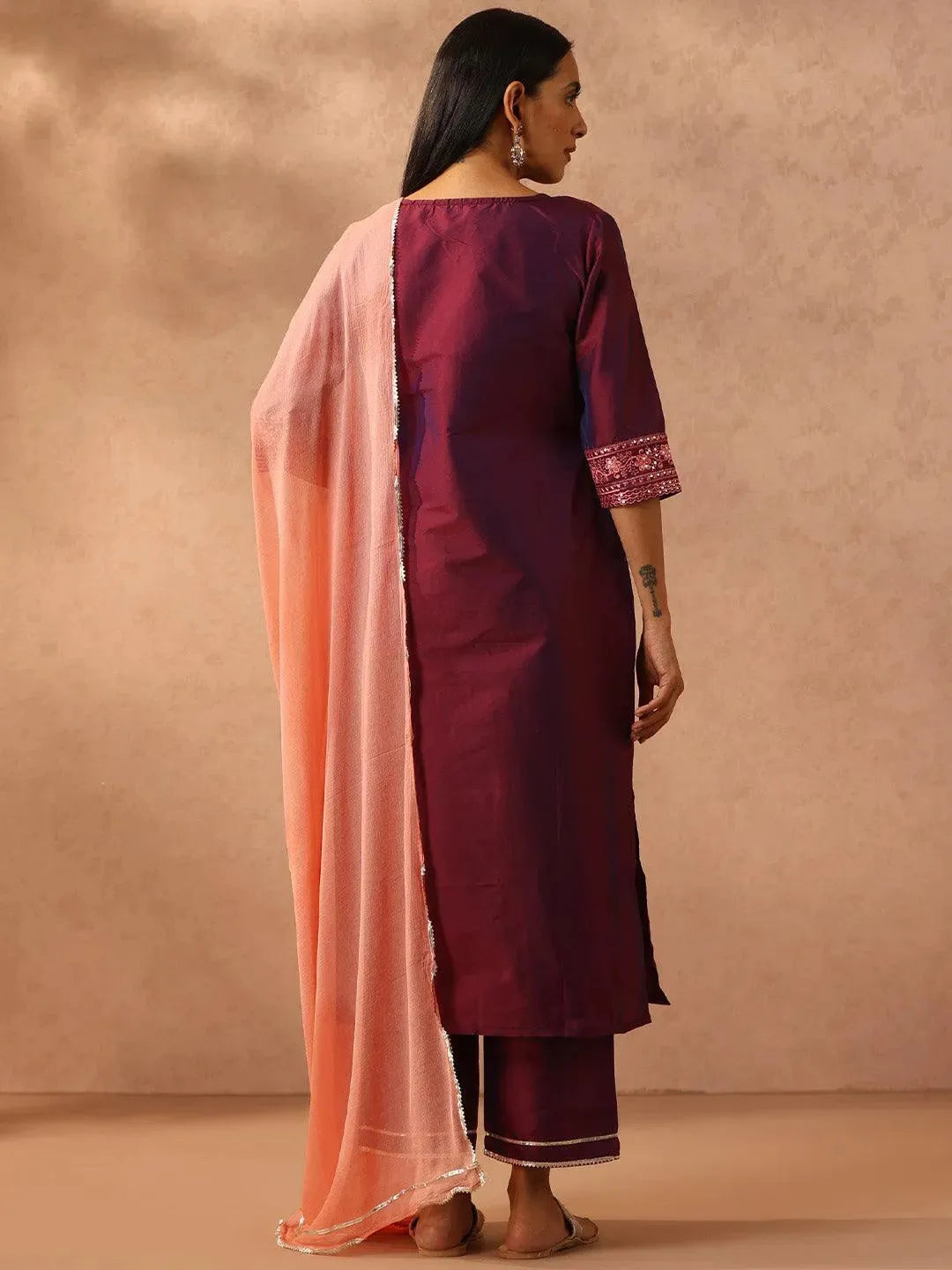 Purple Embroidered Silk Blend Suit Set With Trousers - Libas 