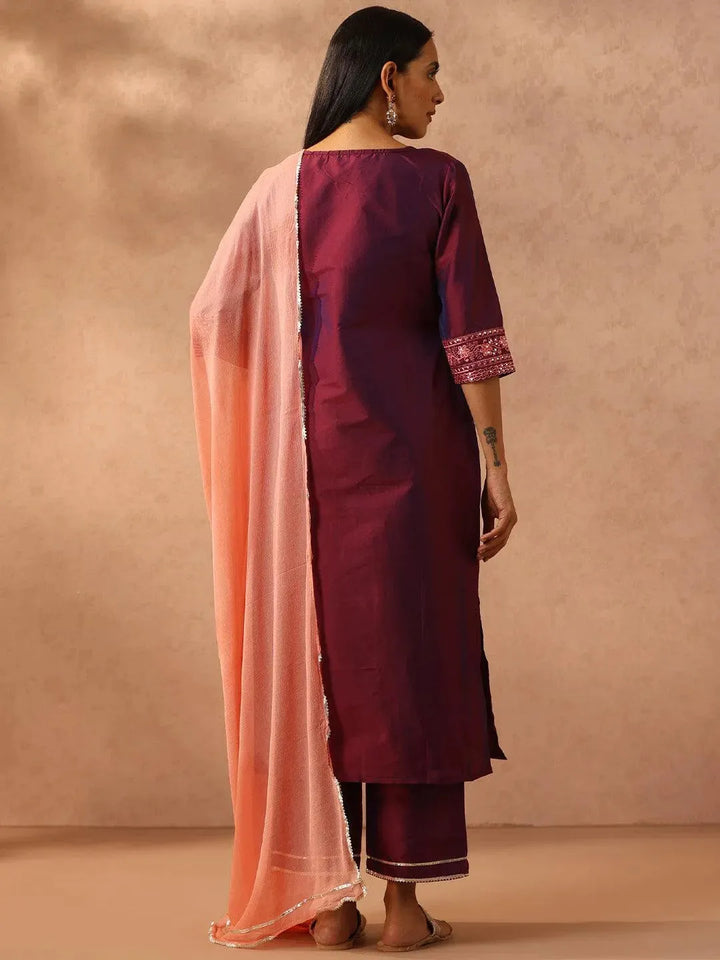 Purple Embroidered Silk Blend Suit Set With Trousers - Libas