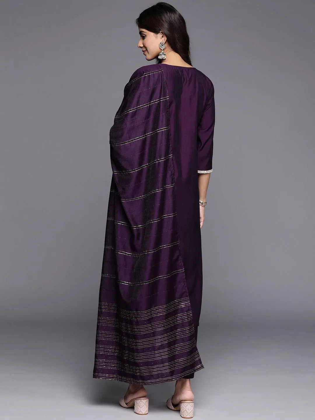 Purple Embroidered Silk Blend Straight Kurta With Trousers & Dupatta - Libas 