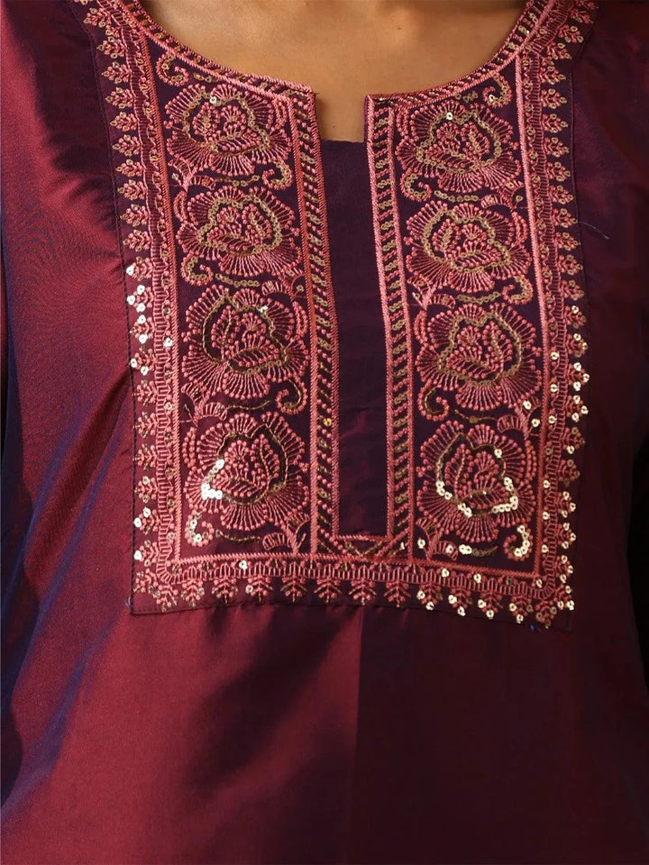 Purple Embroidered Silk Blend Suit Set With Trousers - Libas