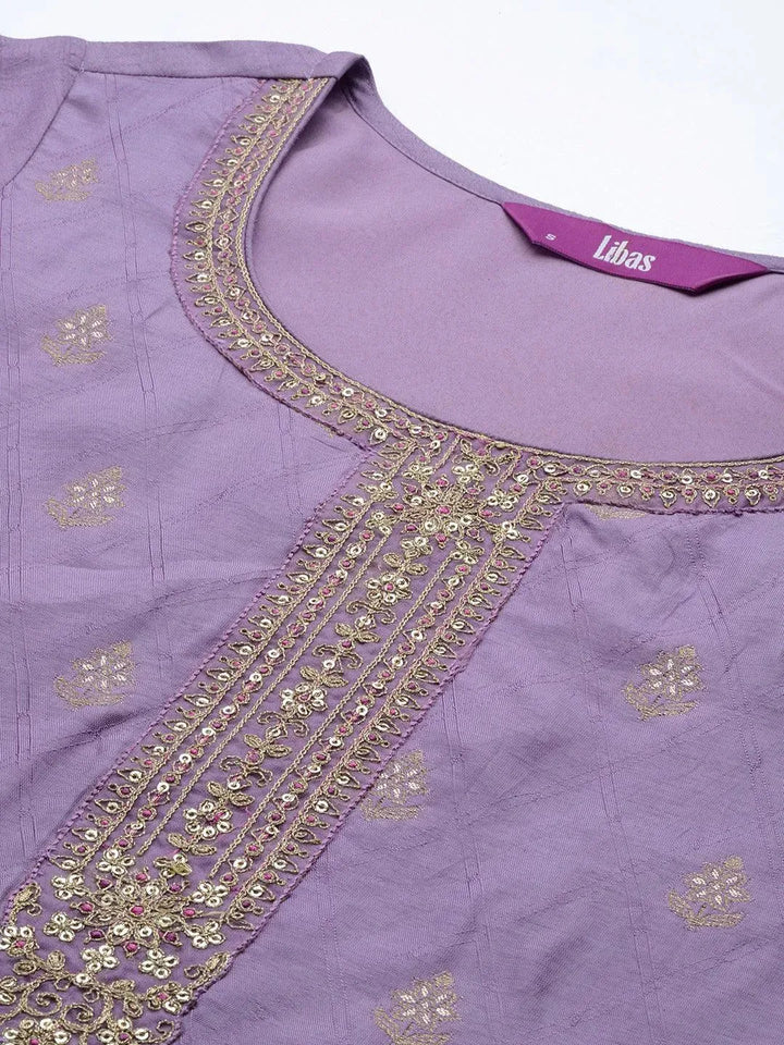 Purple Embroidered Silk Blend Suit Set With Trousers - Libas