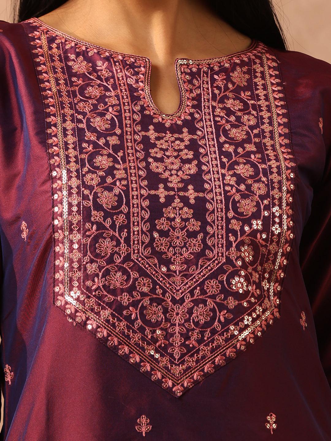 Purple Embroidered Silk Blend Suit Set With Trousers - Libas