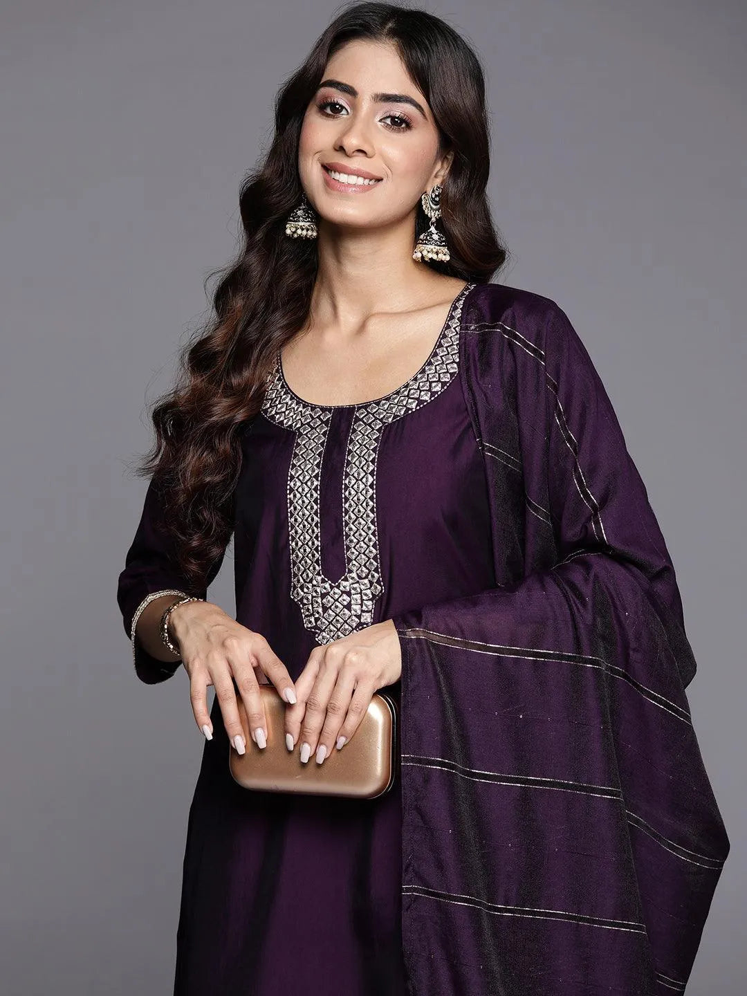 Purple Embroidered Silk Blend Straight Kurta With Trousers & Dupatta - Libas 