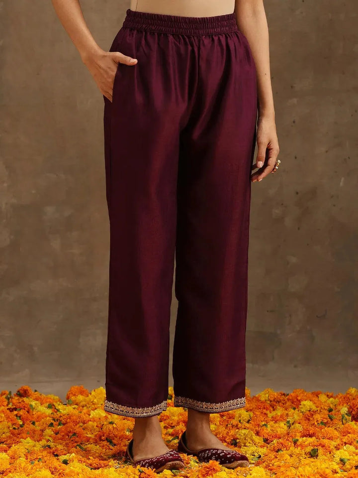 Purple Embroidered Silk Blend Suit Set With Trousers - Libas