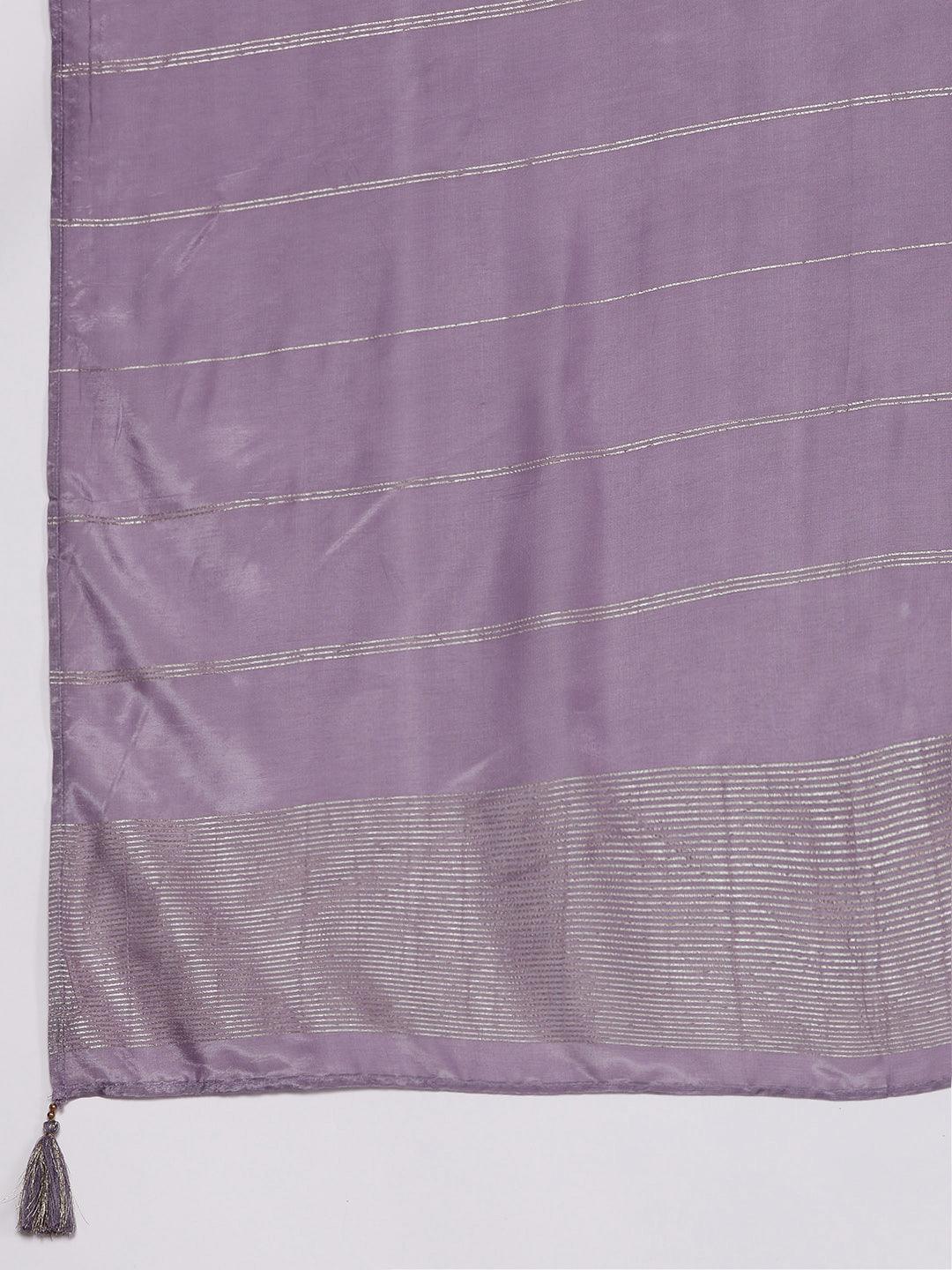 Purple Embroidered Silk Blend Straight Kurta With Trousers & Dupatta