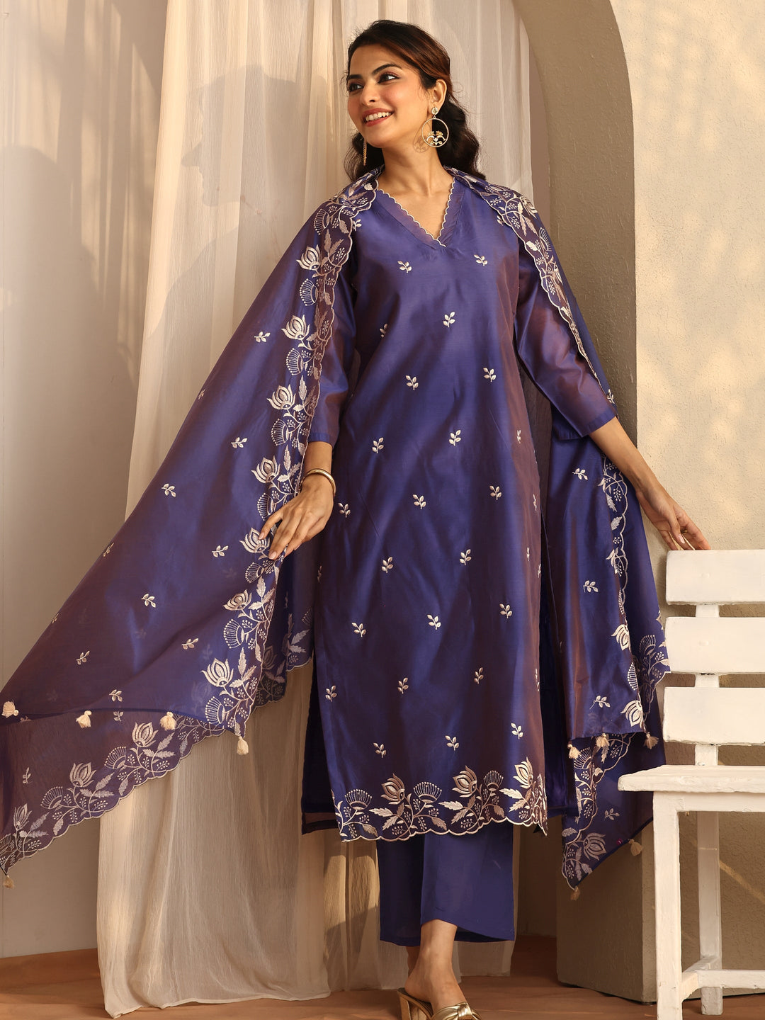  Purple Embroidered Silk Blend Straight Suit Set With Dupatta 