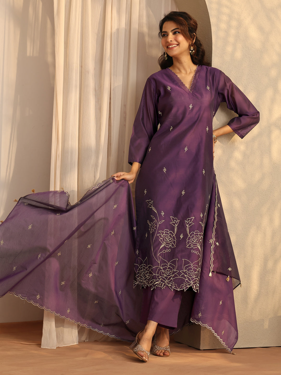 Purple Embroidered Silk Blend Straight Suit Set With Dupatta