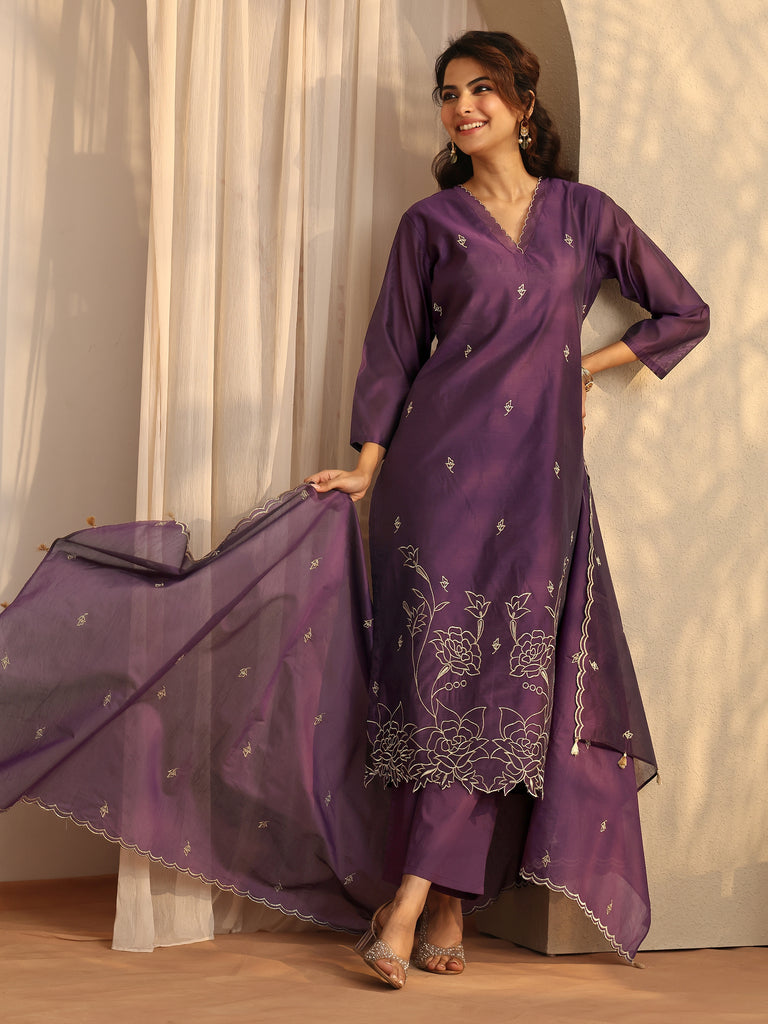 Libas Purple Embroidered Silk Blend Straight Suit Set With Dupatta