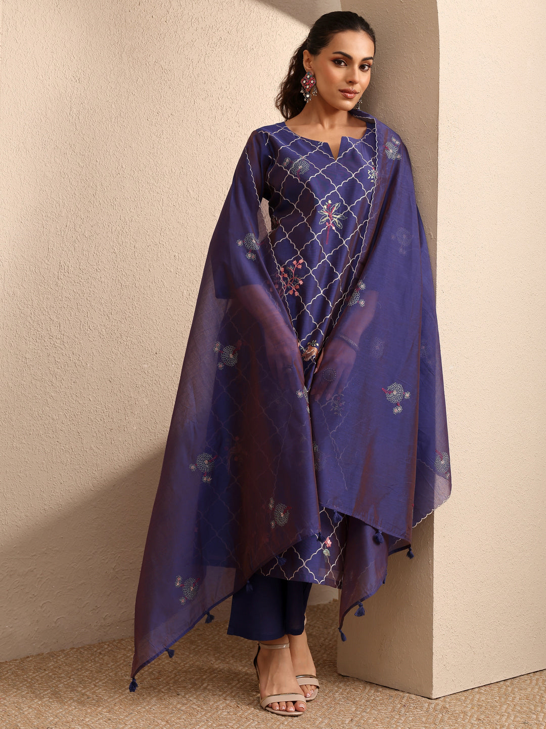 Purple Embroidered Silk Blend Straight Suit Set With Dupatta