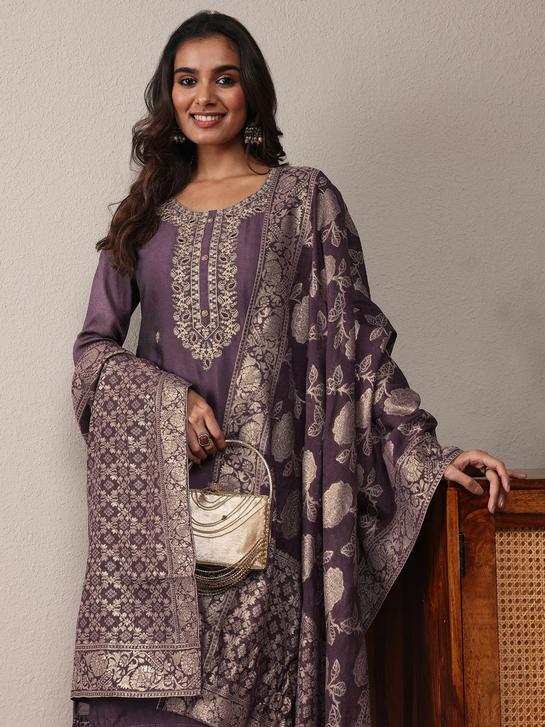 Libas Purple Embroidered Silk Blend Straight Suit Set With Dupatta