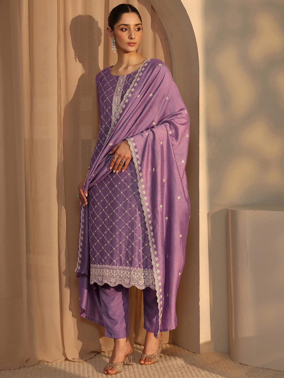 Purple Embroidered Silk Blend Straight Suit Set With Dupatta