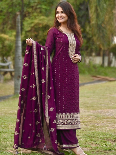 Purple Embroidered Silk Blend Straight Suit With Dupatta - Libas