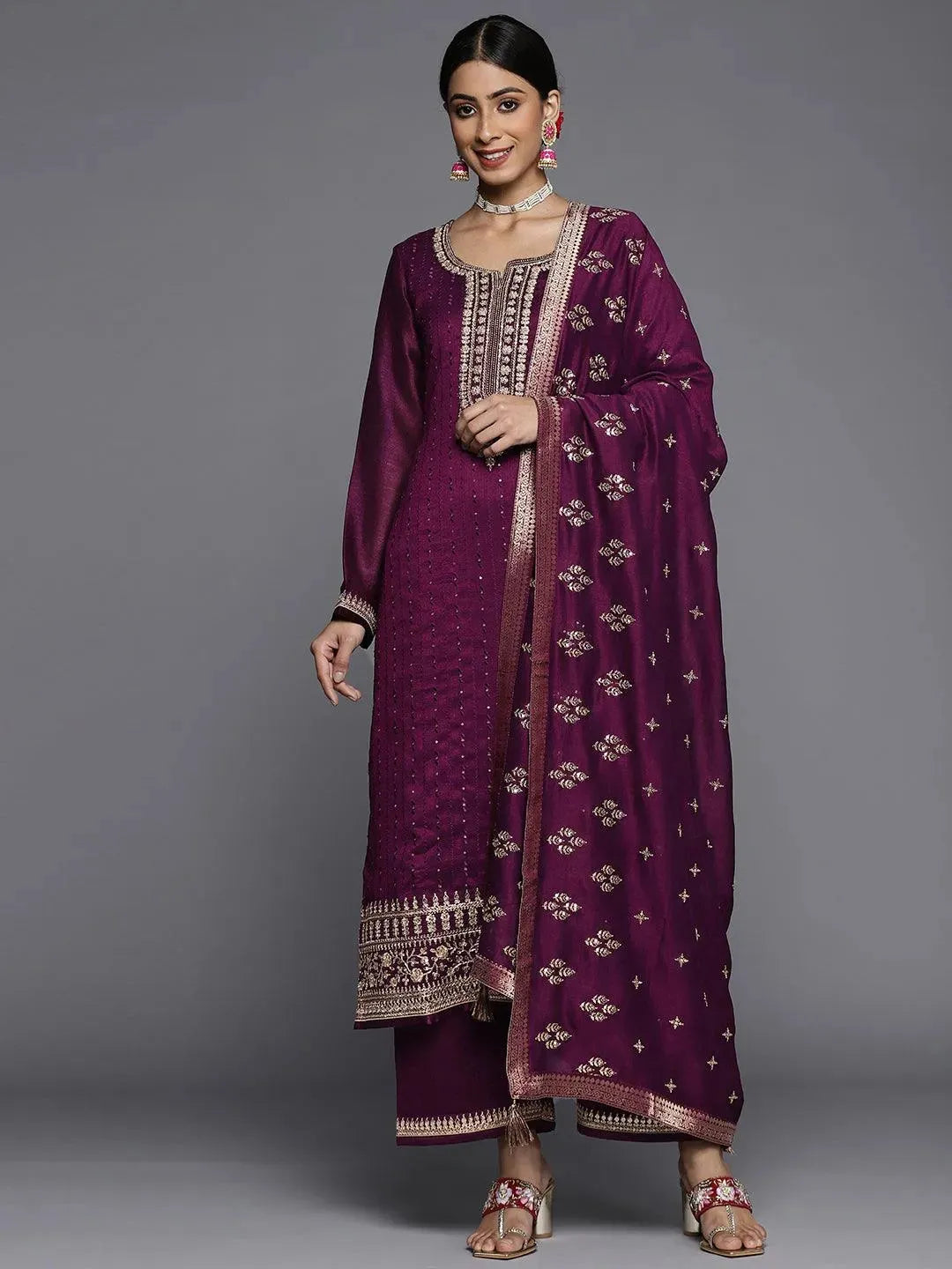 Purple Embroidered Silk Blend Straight Suit Set - Libas 
