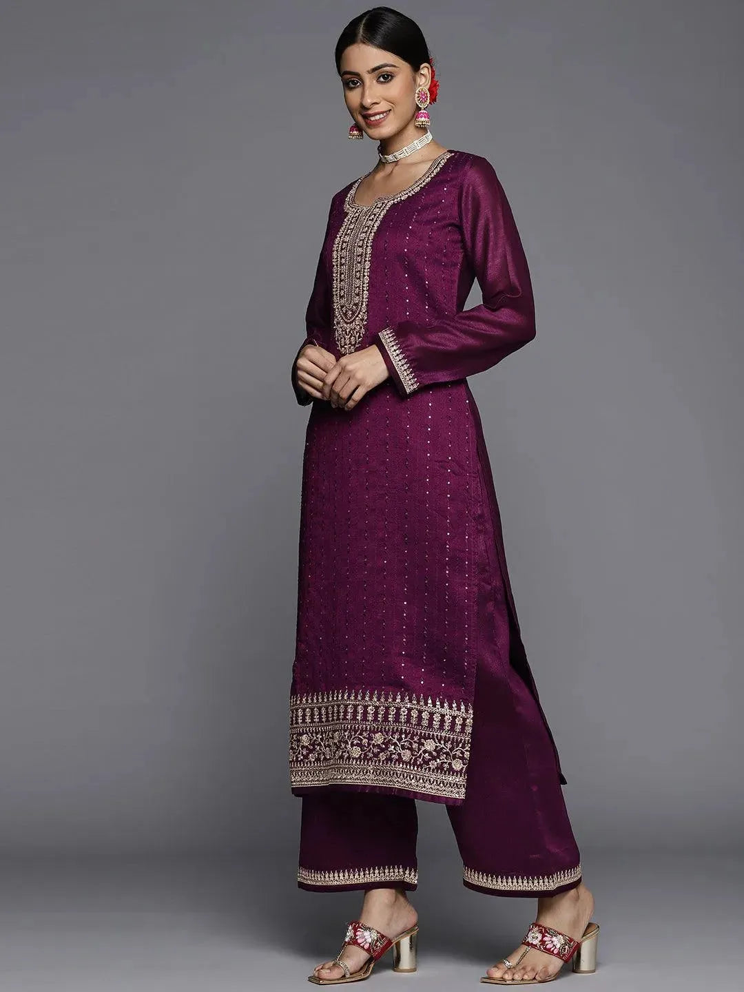 Purple Embroidered Silk Blend Straight Suit Set - Libas