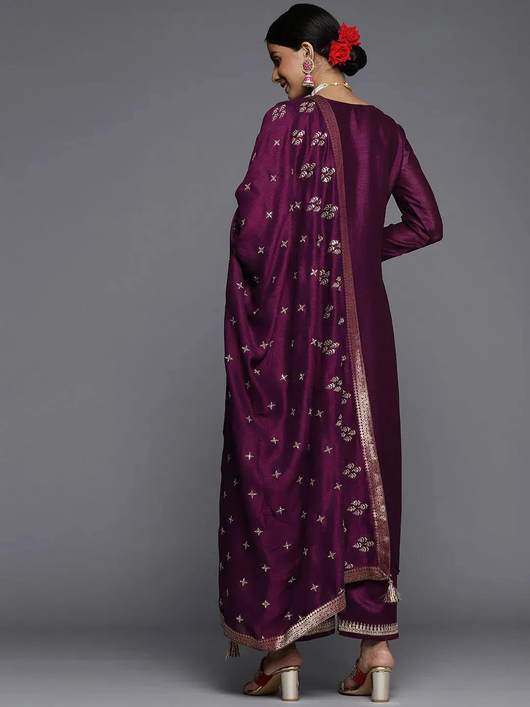 Purple Embroidered Silk Blend Straight Suit Set - Libas 