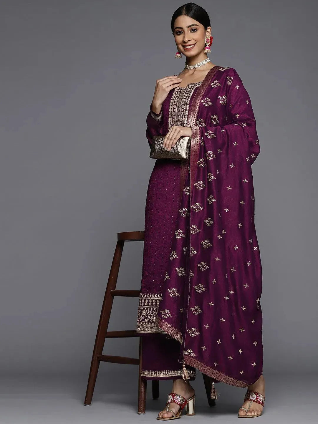 Purple Embroidered Silk Blend Straight Suit Set - Libas 
