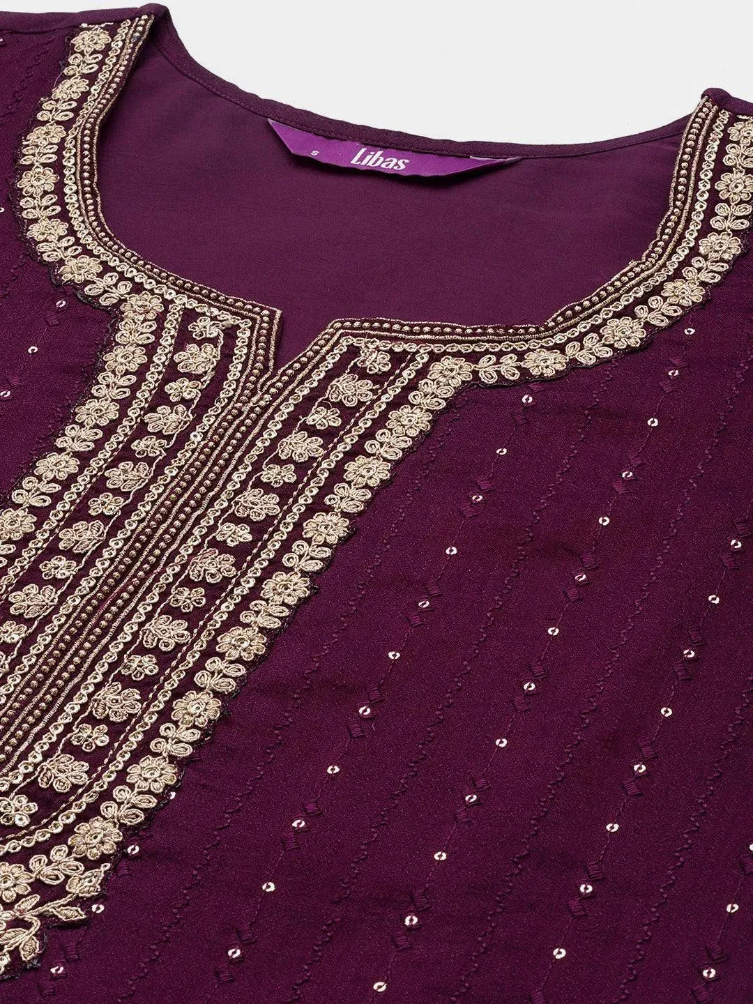 Purple Embroidered Silk Blend Straight Suit Set - Libas 