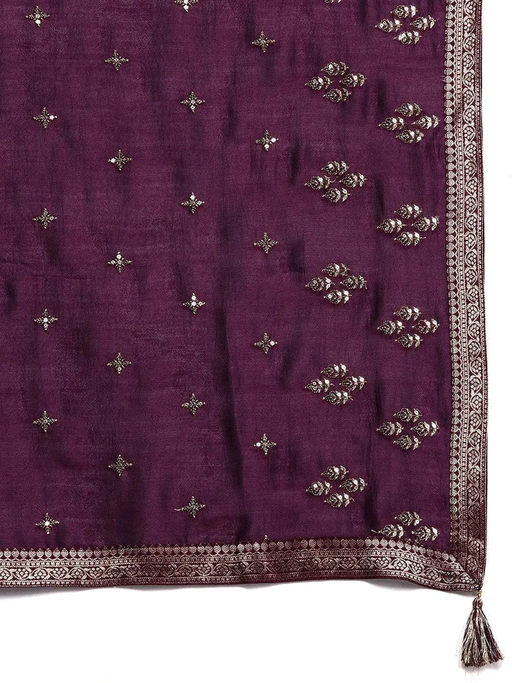 Purple Embroidered Silk Blend Straight Suit Set - Libas