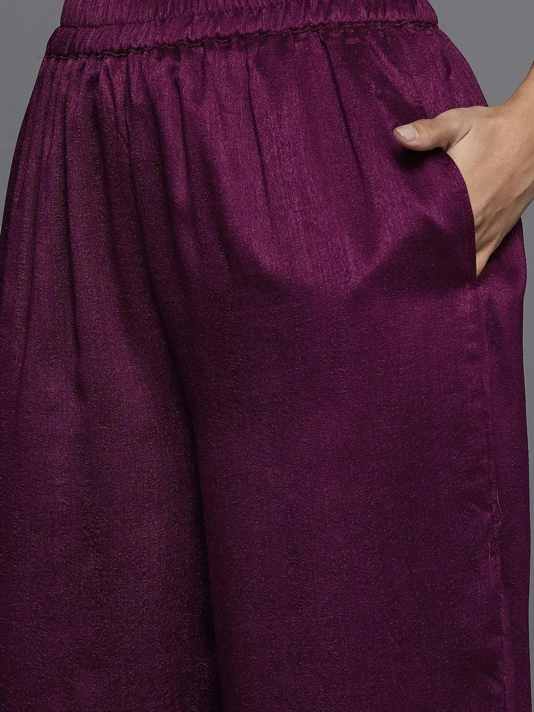 Purple Embroidered Silk Blend Straight Suit Set - Libas 
