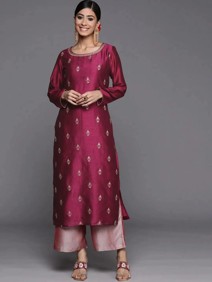 Purple Embroidered Silk Straight Kurta - Libas