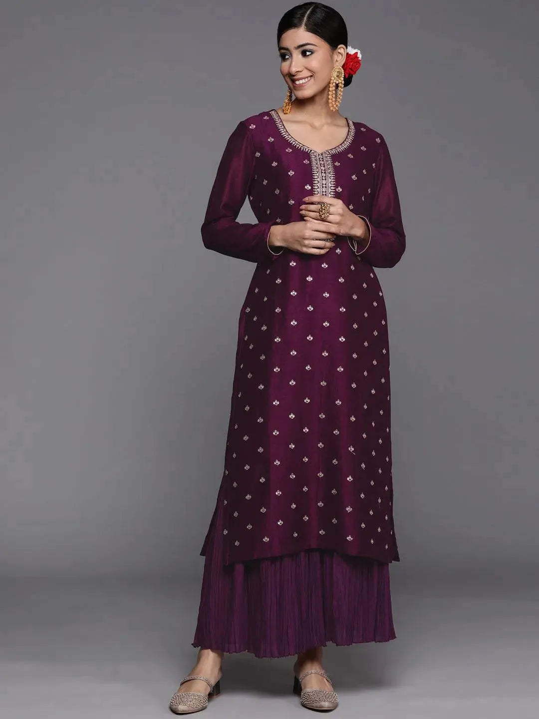 Purple Embroidered Silk Straight Kurta - Libas