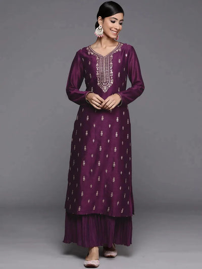 Purple Embroidered Silk Straight Kurta - Libas