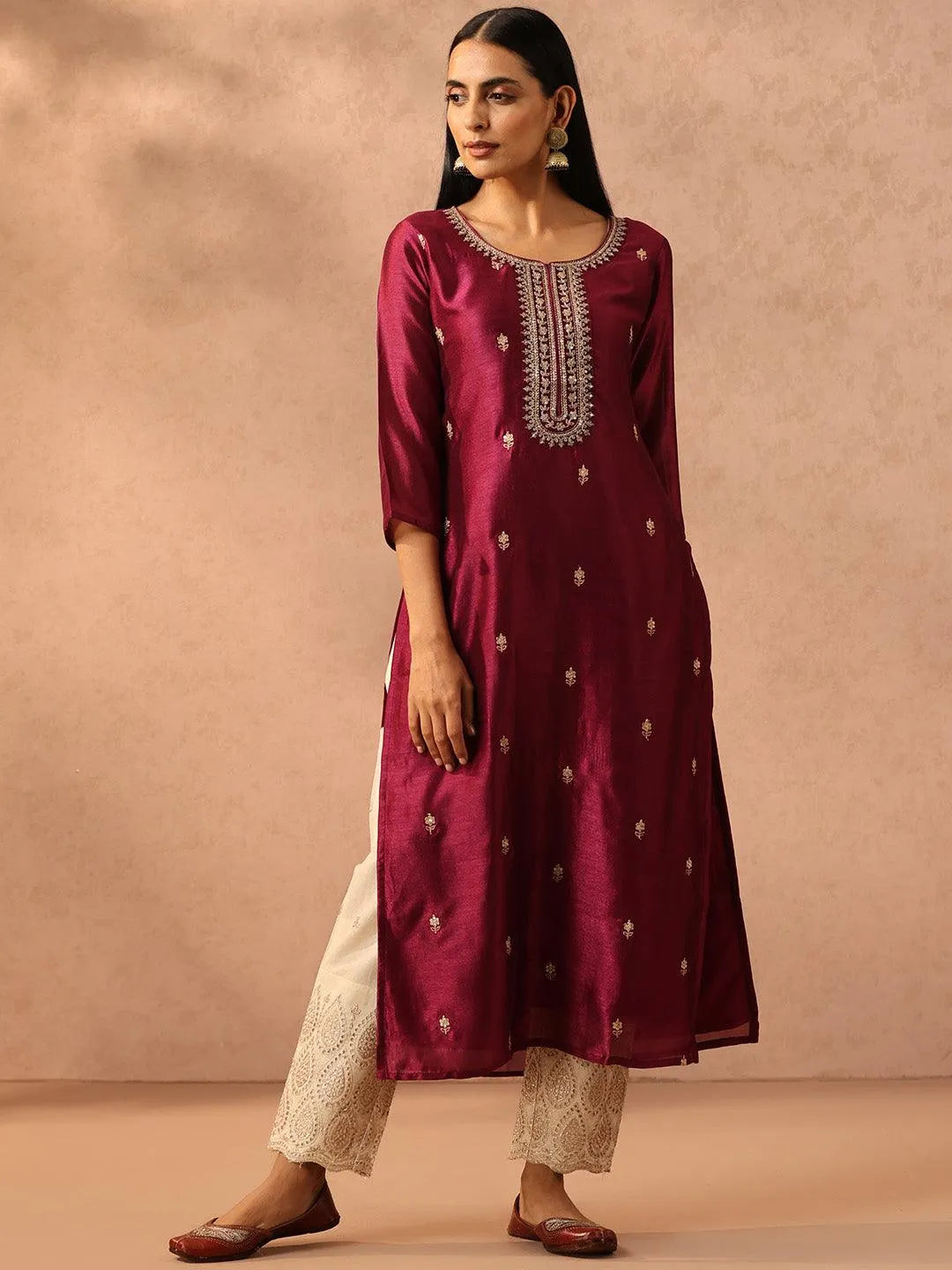 Purple Embellished Silk Straight Kurta - Libas