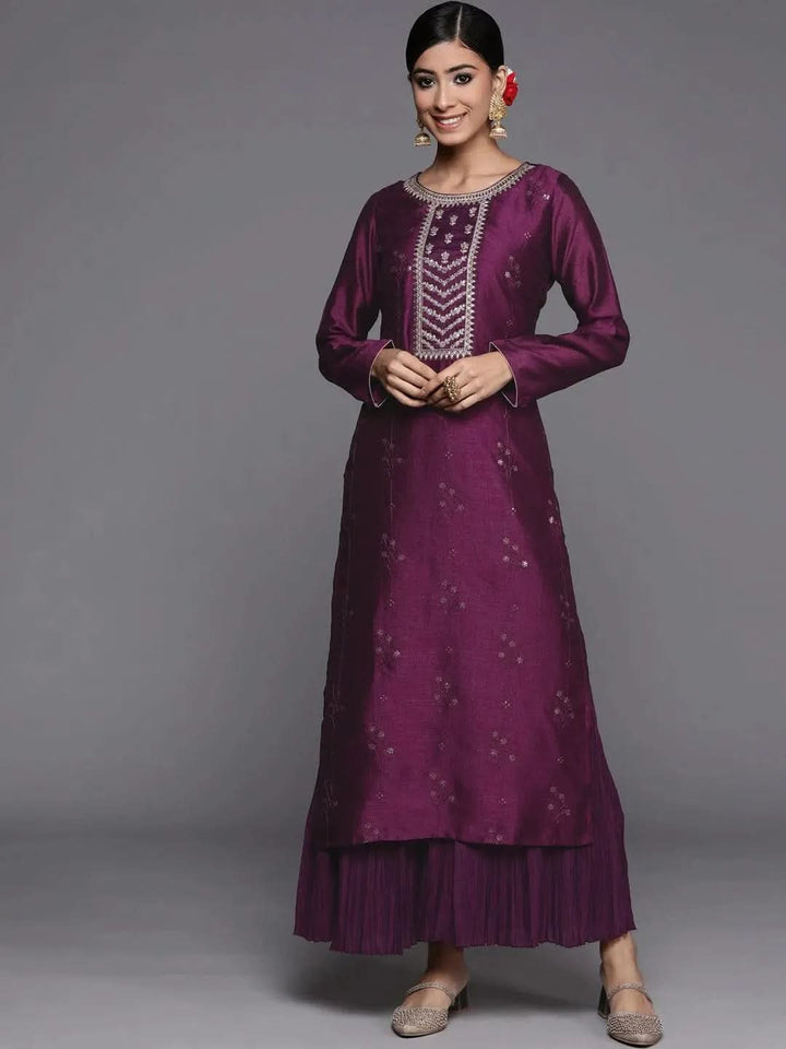 Purple Embroidered Silk Straight Kurta - Libas