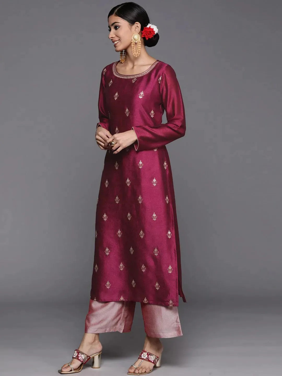 Purple Embroidered Silk Straight Kurta - Libas 