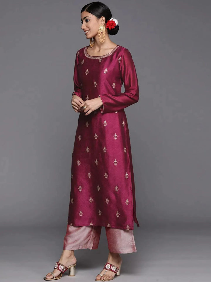 Purple Embroidered Silk Straight Kurta - Libas