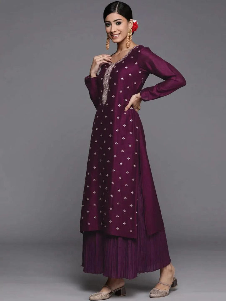 Purple Embroidered Silk Straight Kurta - Libas