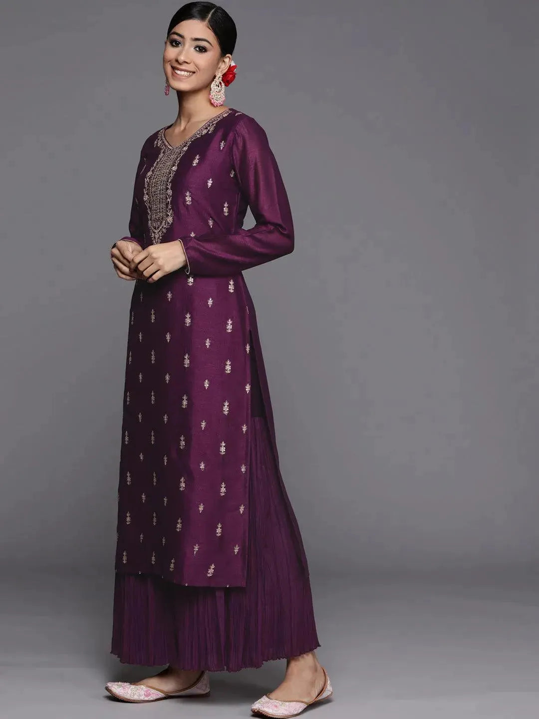 Purple Embroidered Silk Straight Kurta - Libas 