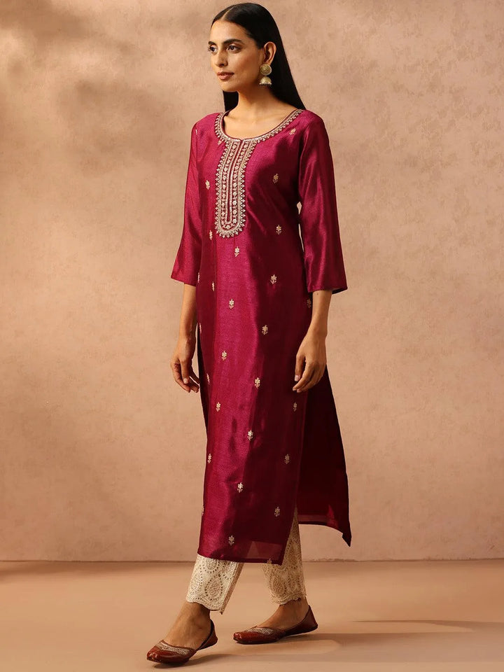 Purple Embellished Silk Straight Kurta - Libas
