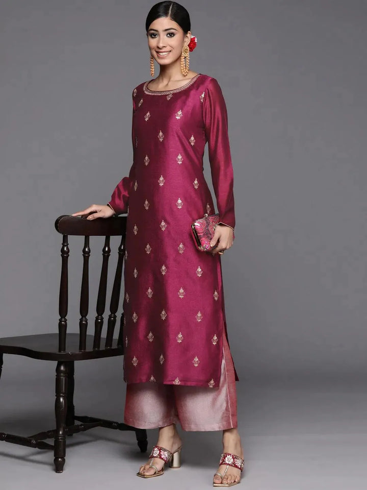 Purple Embroidered Silk Straight Kurta - Libas