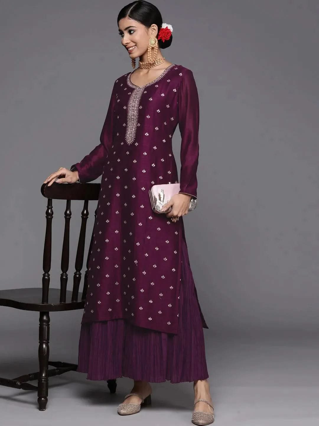 Purple Embroidered Silk Straight Kurta - Libas 