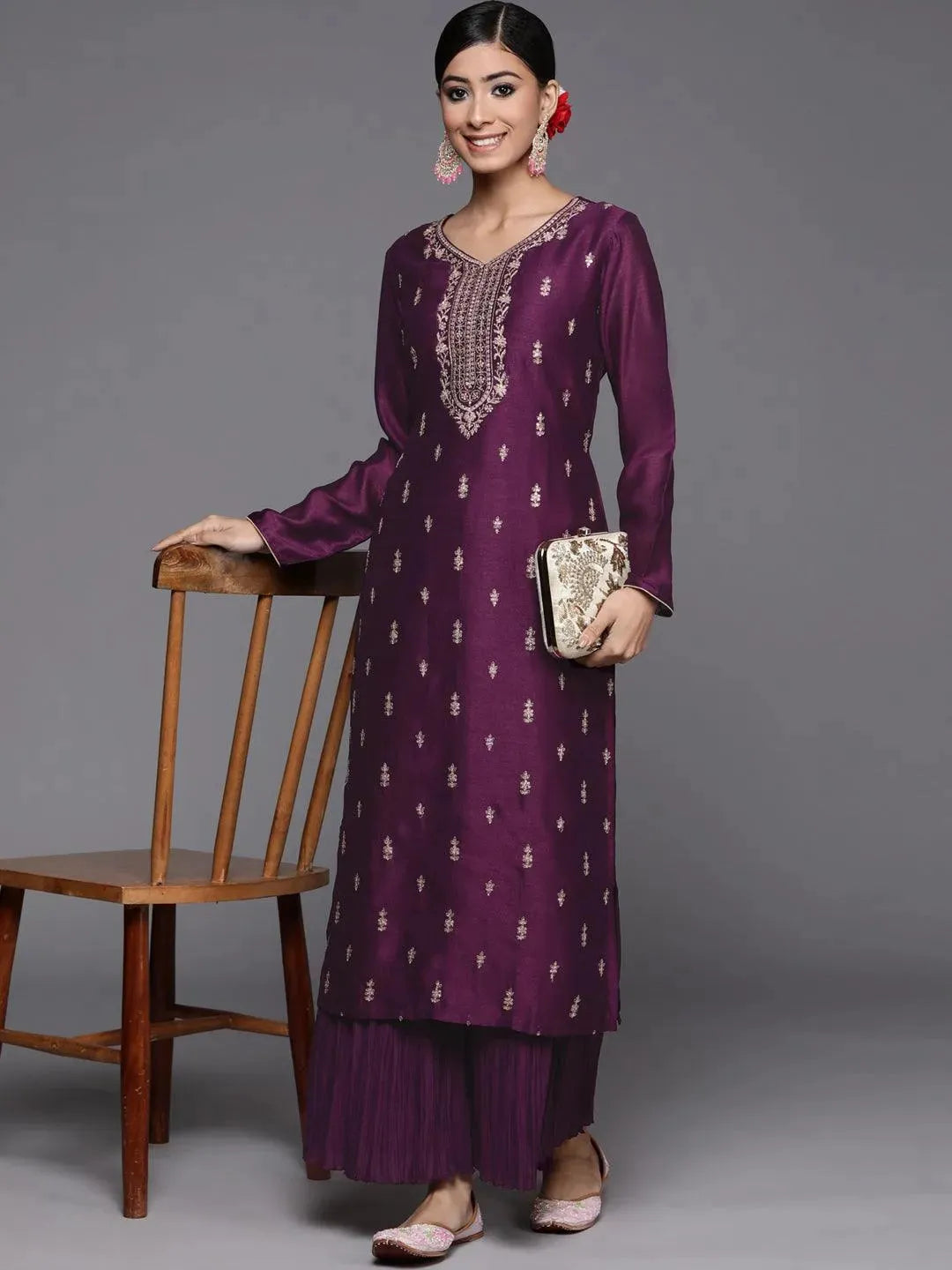 Purple Embroidered Silk Straight Kurta - Libas 
