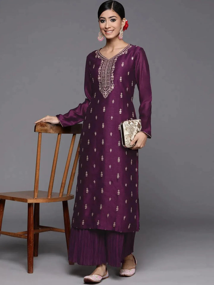 Purple Embroidered Silk Straight Kurta - Libas