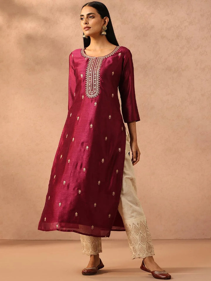 Purple Embellished Silk Straight Kurta - Libas