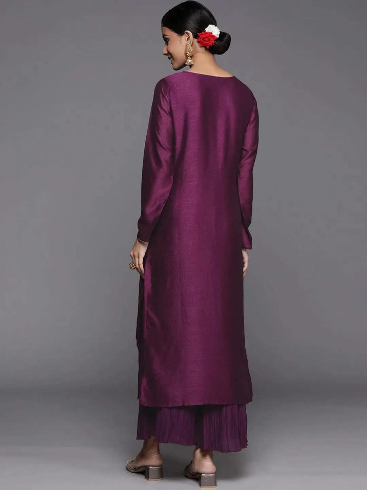 Purple Embroidered Silk Straight Kurta - Libas