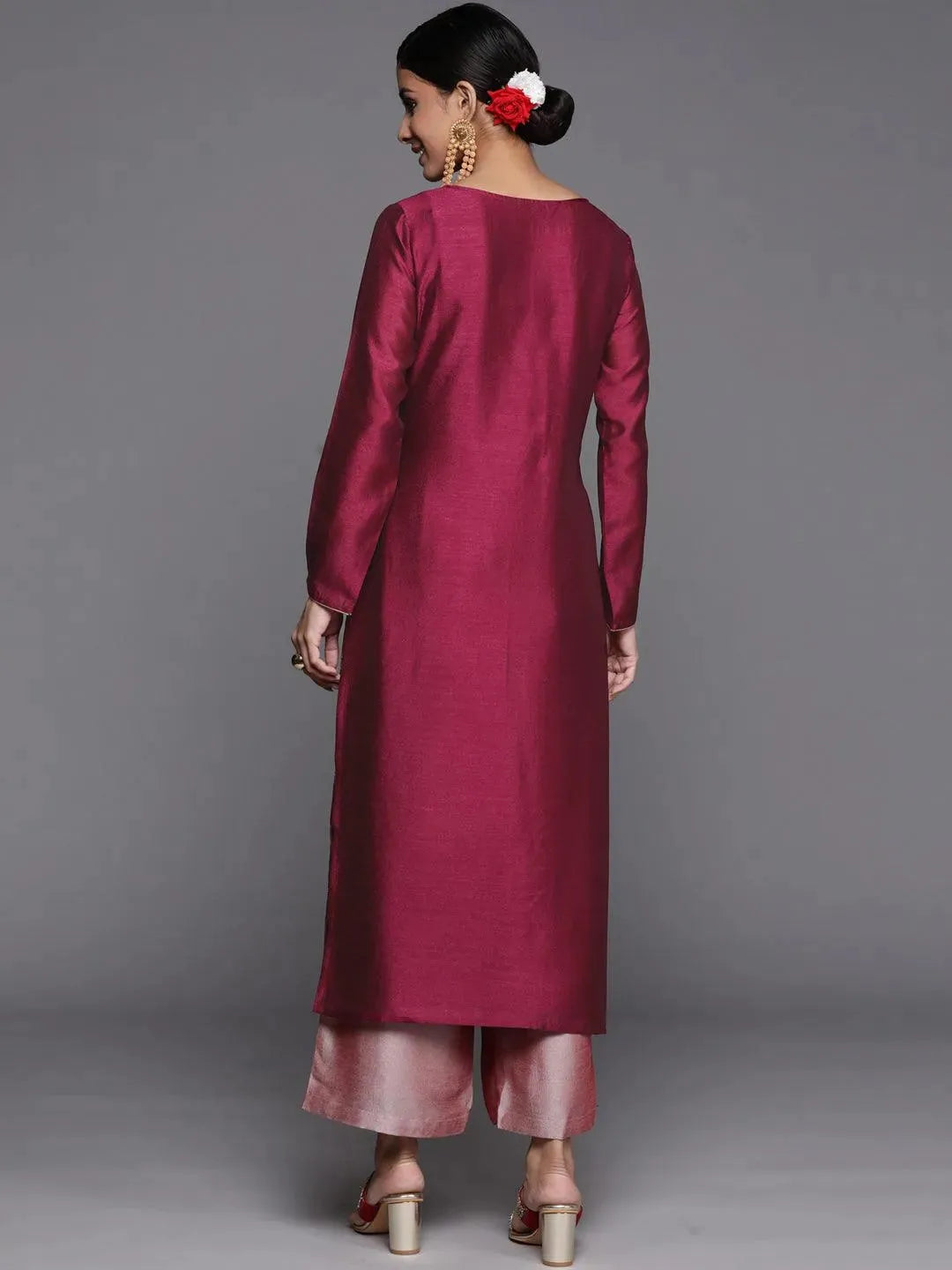 Purple Embroidered Silk Straight Kurta - Libas 