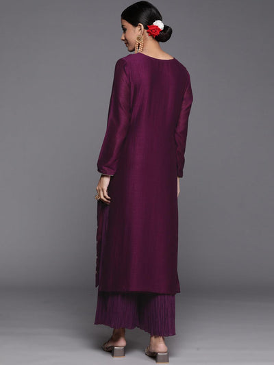 Purple Embroidered Silk Straight Kurta - Libas