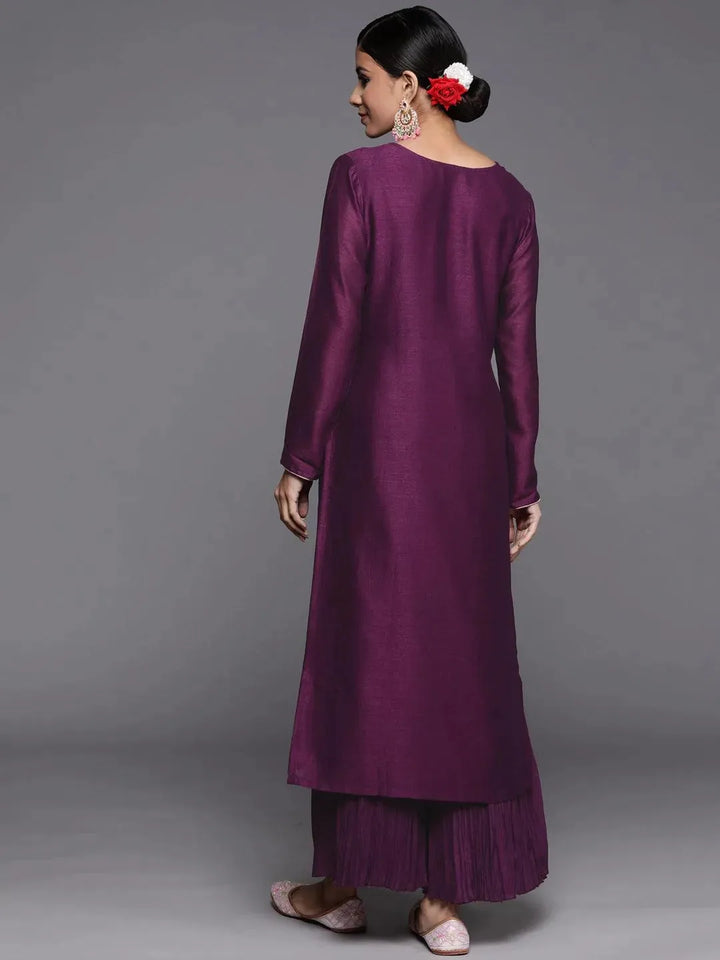 Purple Embroidered Silk Straight Kurta - Libas